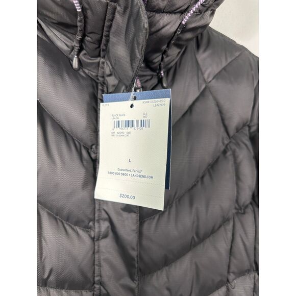 Lands' End Black Purple Lining 600 Fill Down DriOff Puffer Coat Large 14-16 NEW - Picture 5 of 6